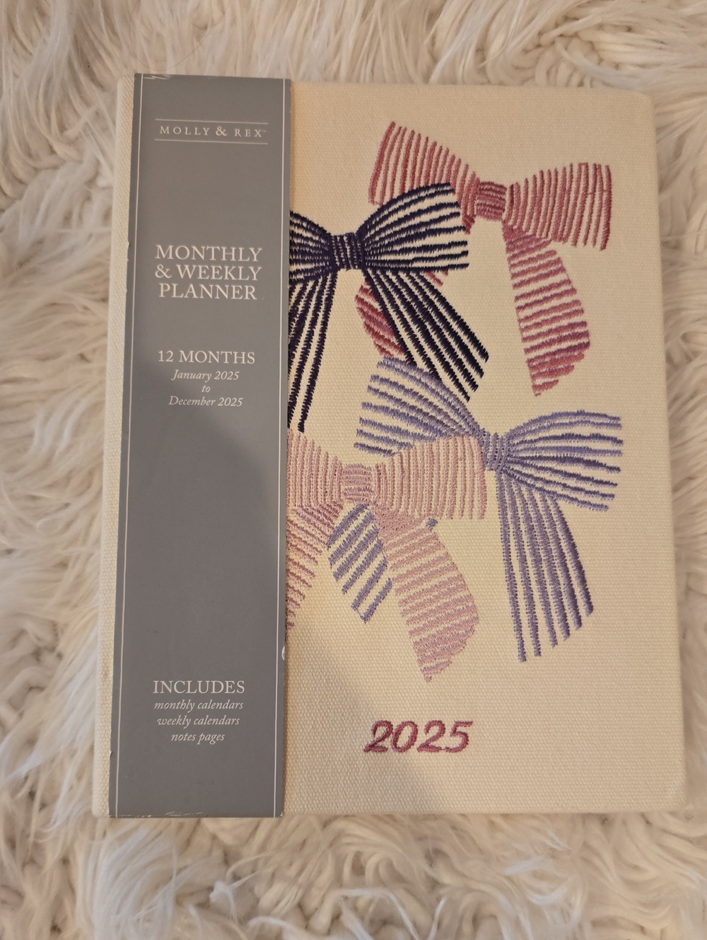 2025 Monthly & Weekly Planner - Cream with Pink, Purple, Navy Bows